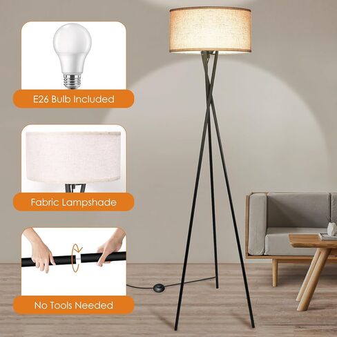 مصباح أرضيات ترايشاري ترايبود ، 63 بوصة في منتصف القرن ، مصابيح دائمة لغرفة المعيشة ، مصباح طويل طويل القامة مع مصباح 3000K-6000K E26 ، مصباح أرضي رجعية لمزرعة غرفة النوم in Kuwait