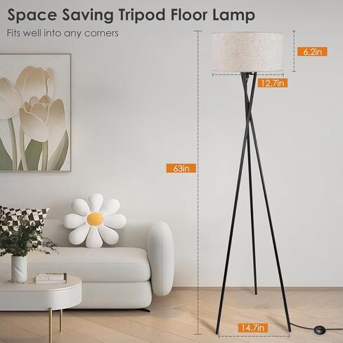 مصباح أرضيات ترايشاري ترايبود ، 63 بوصة في منتصف القرن ، مصابيح دائمة لغرفة المعيشة ، مصباح طويل طويل القامة مع مصباح 3000K-6000K E26 ، مصباح أرضي رجعية لمزرعة غرفة النوم in Kuwait