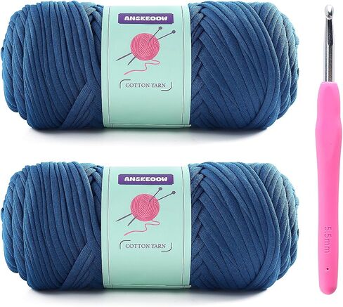 2 Skeins Tshirt Yarn for Crochet,Soft T Shirt Yarn for Crocheting Bag/Basket/Home Decor,Trapillo para Tejer a Crochet Bolsas with 1 Crochet Hook,Each Ribbon Yarn 7oz, 65yd (Denim Blue) in Saudi Arabia
