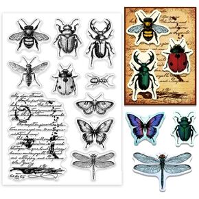 PH PandaHall Insect Clear Stamps for Card Making, Butterfly Dragonfly Bee Rubber Stamps Retro Text Background Scrapbooking Stamp Transparent Paper Craft Stamp for DIY Scrapbooking Journal Cards