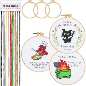 Daifunli 3 Sets Funny DIY Embroidery Kits for Beginners Adults, Stamped Handmade Cross Stitch Starter with Animal It's Fine Patterns Needlepoint Kit with 3 Embroidery Hoop, Color Threads, Tools