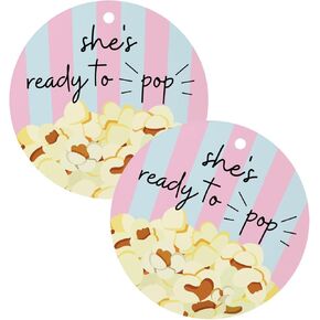 She’s Ready to Pop Popcorn Bags Sticker Labels for Baby Shower | 30pk 2.5" Circle Tag Label About to Pop It When She Pops Favors Pink Blue Champagne