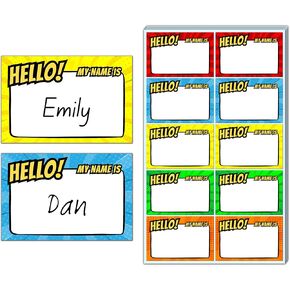 200 Pieces - Name Tags Sticker for Kids, Hello My Name is Superhero Fun Party Labels - 5 Designs, 3" x 2"