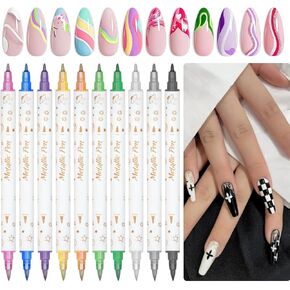 Marte Vanci Glitter Nail Art Pens, 10 Colors Dual Tip Metallic Marker Pens Brush and Fine Point Pens for Halloween, Rock Painting, Card Making, Scrapbook, Nail Polish Pens for DIY Nail Art Beauty
