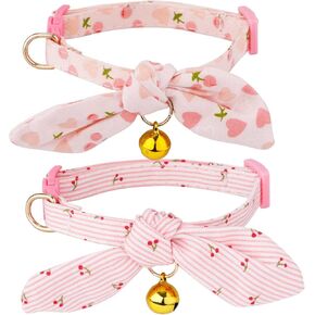 2pcs Cotton Bowtie Cat Collar with Bell, Breakaway Cute Bow Tie Kitten Collars Adjustable Cherry & Pink Heart Cat Collar for Female Cats Girl and Boy Pets