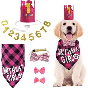 Clearance Dog Birthday Party Supplies Birthday Boy & Girl Bandana Triangle Scarf,Dog Birthday Hair Clip Bow Tie Crown Hat with 0-8 Numbers Decorations,Dog Cat Birthday Decorations,Pink Set in Kuwait