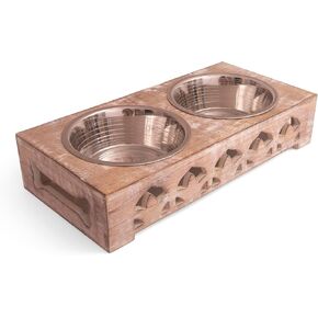Pet Dog Water & Food Bowl Feeder Dish Elevated Raised Stainless Steel Metal Cups Set of 2 with Premium Wood Stand Rust Resistant Food Grade Dry & Wet Food, Weighted & Durable, No Spill, Natural Brown