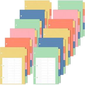 Honoson 12 Sets 5 Tab Binder Dividers with Tabs for 3 Ring Binders 5.5 × 8.5 بوصة من المقاطعات متعددة الألوان مع فيلم بلاستيكي 3 ثقب مقسمات مقسم