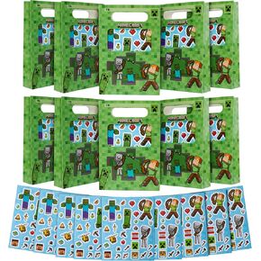 Minecraft Party Favor Bags for Kids with Sticker Sheet, 10 Pcs Kids Paper Gift Bags - Party Supplies for Birthday Party