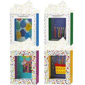 OFIHANLY 4Pcs 9" Small Size Happy Birthday Gift Bags with Handles for Women Men Kids Baby Girls Boy Party Transparent Window Paper Gift Wrap Bag with Tissue Paper