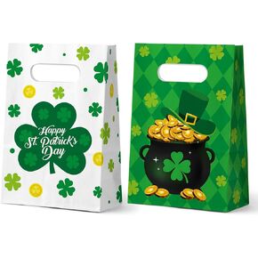 FRIDAY NIGHT St Patrick's Day Goodie Bags 24 Pcs Green Lucky Irish Clover Paper Treat Gift Wrap Bag Classroom Family Party Supplies Favors