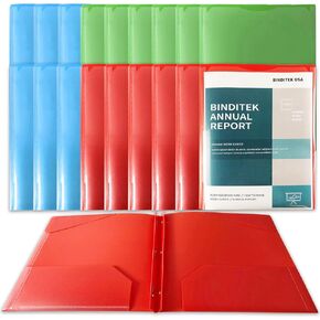 Binditek 18 Pack Heavyduty Plastic 2-Pocket Folders with Prongs and Clear Front Pocket, 3 Prong File Folders with Pockets and Card Slot, 20 Mil Thick, 100 Sheet Capacity, Assorted Color, Letter Size
