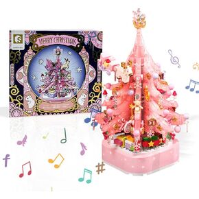 Christmas Tree Building Blocks, Christmas Music Box with LED Light Rotating Christmas Bricks Toy for Boys Girls, Pink Christmas Tree