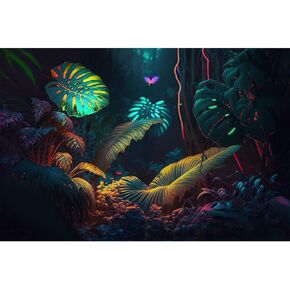 Jungle Aquarium Background Neon Colors Rainforest Plants Leaves Terrarium Background Abstract Neon Colors On Leaves Fish Tank Backdrop Jungle Style Reptile Habitat Background Poster Vinyl 36x18in