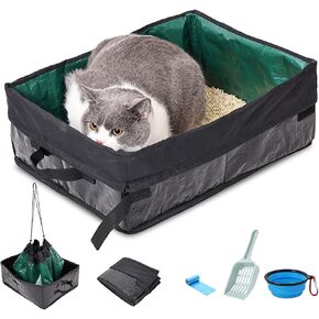 Travel Litter Box for Cats, Foldable Portable Cat Litter Box, Leak Proof Cat Travel Litter Box with Kitty Litter Scoop Bowl, Collapsible Waterproof Odor Free Easy Carrier for Car Outdoor
