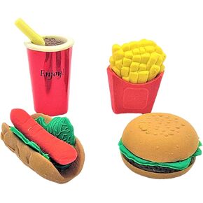 Colorful Fast Food Junk Food 3D Pull Apart Erasers (Set of 12) Mini Burgers, Fries, Hot Dogs, Drinks. Assorted.