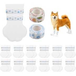 26Pcs Disposable Dog Booties, 24Pcs Disposable Dog Paw Protectors with 2Roll Self-Adhesive Bandage, Dog Shoes Suitable for Pets Outdoors Waterproof Dustproof Dog Paw Wounds Recovery(4 * 6.3in M)