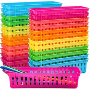 24 Pack Classroom Pencil Basket Trays, Colorful Pencil Organizer Crayon Basket, Plastic Pen and Pencil Basket Trays for School Classroom Office, 10" L x 2.9" W x 2.4" H