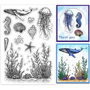 PH PandaHall Sea Animals Clear Stamp for Scrapbooking, Shell Seahorse Starfish Silicone Stamp Jellyfish Sea Grass Transparent Rubber Stamp for Card Making Decoration, Book, Journal, Gift Tags