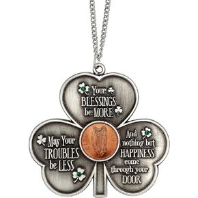 American Coin Treasures Irish Penny Coin House Blessing | Shamrock Pewter Door Ornament | 4 Inch Curb Silvertone Chain | Certificate of Authenticity