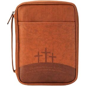 Brown Three Crosses Leather Like Vinyl Bible Cover Case with Handle Medium