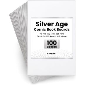 Silver Age Comic Book Boards – 100 Pack, Acid-Free White Cardboard, 24pt, Precision Cut for Silver Comic Bags, Ideal for Storage & Archival