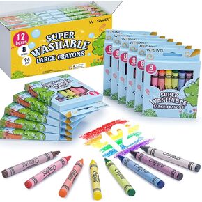 Super Washable Jumbo Crayons Bulk, 12 Pack Crayons with 8 Bright Colors, Non-Toxic Easy-Grip for Toddlers 1-3 & Kids Ages 4-8, Safe Art Supplies for Coloring Books & School Projects