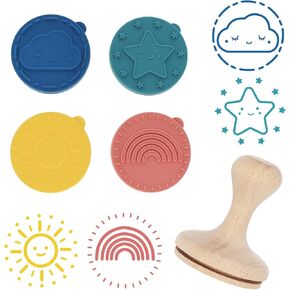 Happy Skies Rubber Stamp with Wood Handle, 4 Interchangeable Silicon Stamps of a Sun, Cloud, Star, and Rainbow, Fun Kids Craft Supplies and Art Supplies, Arts and Crafts for Kids 4-6 and Families