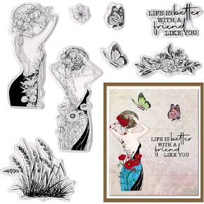 Butterfly Girls Clear Stamps for Card Making and Journaling, Flowers Grass Rubber Stamps Sentiment Words Gift Stamps for Scrapbooking DIY Cards Album Crafts