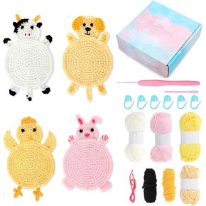 Crochet kit Crochet Animal Kit Starter Kit for 4PCS Crochet Coasters Cute Coasters Rabbit Chicken Dog Cow Design Including Video Tutorials Yarn Crochet Hook Knitting Kit for Animal Lovers Housewarming