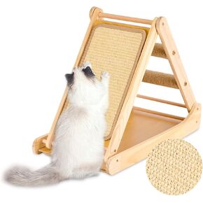 Foldable Wooden Cat Scratcher and Lounge, 22-inch Multi-Functional Triangle Design with Dual-Sided Sisal Surface, Climbing Frame and Cozy Nest for Indoor Cats