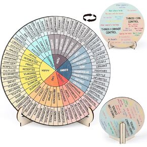 مشاعر عجلات علاج مكتب مكتب ديكور المكتب 5.9 بوصة مخطط مخطط للصحة العقلية الخشبية ذات الوجهين مع حامل ، مخطط العجلة العاطفي لمدرسة مكتب علم النفس لعلاج المستشارين.