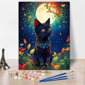 croshom Black Cat Paint by Numbers Kit - Cat Paint by Number Kits for Adults, DIY Moon for Beginners Oil Painting for Gift Home Wall Decor 12X 16 Inch