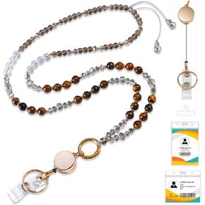 Retractable Lanyards for ID Badges and Keys with Badge Reels, Natural Stone Beaded Lanyard for Women and Teacher, Cute Lanyard for Cruise, Office and Travel (Coffee Tiger Eye Stone)
