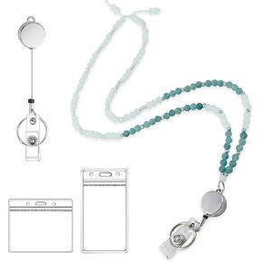 Lanyards for ID Badges for Women,Natural Stone Beaded Teacher Lanyard Retractable Cute Badge Lanyard with ID Holder for Keys