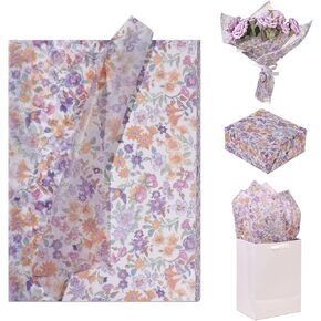 100 Sheets Floral Tissue Paper Purple Flower Wrapping Paper Green Leaves Pattern Art Craft Botanical Decorative Tissue Paper for Wedding,Birthday - 20"×14"