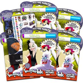 Disney Villains Imagine Ink Coloring Book Set - 6 Pack No-Mess Magic Ink Coloring Book Bundle featuring Disney Villains with Villains Temporary Tattoos | Disney Villain Party Favors for Kids