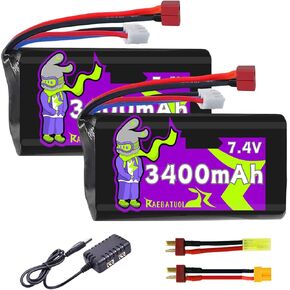 3400mAh 7.4V Li-ion Battery with Deans T Plug,2S Rechargeable High Capacity RC Battery Fit for WLtoys 4WD Speed RC Cars and Most 1/10, 1/12, 1/16 Scale RC Cars Trucks with Battery Charger