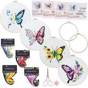 Embroidery Kit for Beginners,Cross Stitch Kits Set,Floral Butterfly Pattern Needlepoint Kits,4 Sets Hand Embroidery Kit for Craft Lover Hand Stitch,Embroidery Starter Kits for Adults Beginners