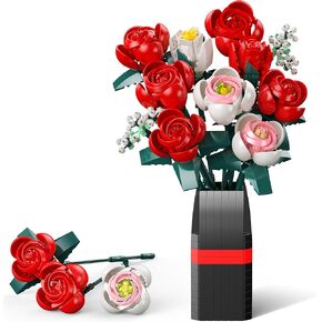 Flowers Bouquet Building Set, Roses Building Set with Vase, Home Office Creative Decoration, Valentine Day, Birthday, Christmas Ideal Gift for Kids, Adults - 841Pcs