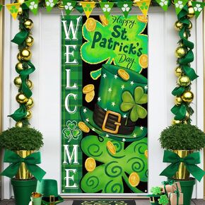 St Patrick's Day Door Cover Decorations Welcome St. Patrick's Day Hat Door Banner Green Shamrock Porch Sign Banner Saint Patricks Day Front Door Banner for St. Patricks Day Holiday Party Supplies