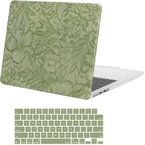 MOSISO Compatible with MacBook Air 13 inch Case 2025-2022 M4 A3240 M3 A3113 M2 A2681, Embossed Retro Hibiscus Texture PU Leather Coated Hard Shell&Keyboard Cover for MacBook Air 13.6 inch Case, Green