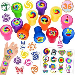 36PCS Tie Dye Party Favors 24 Tattoos Sticker 12 Stamp Set - Ideal Multicolor Themed Birthday Card Decorations Supplies Goodie Bag Cute Rewards for Girls Classroom Gifts Baby Shower Prizes