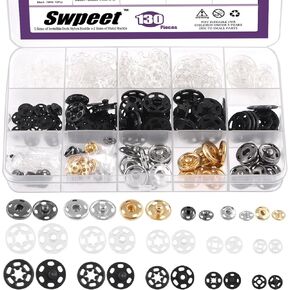 Swpeet 130 Sets 7mm-20mm Plastic and Metal Sew-on Snap Buttons Assortment Kit, Invisible Clear Snap Fasteners Plastic Buttons Metal Snaps Buttons Clothes Hidden Press Studs s for Sewing Clothing Craft