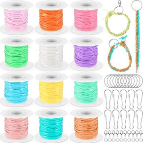 Gimp String Kit, 12 Rolls Lanyard String Plastic Lacing Cord 131 Yd Elastic Boondoggle Gimp Bracelet Lanyard Kit for Friendship Bracelets Making Jewelry DIY Craft Weaving Kit(Macaron Color)