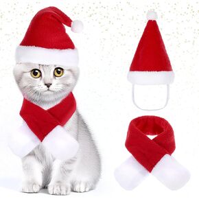 Cat Christmas Costume Set, Red Santa Hat with Scarf for Cats, Pet Santa Hat Christmas Costume Xmas Outfit Clothes for Kitten Puppy Christmas Party Costume Supplies(M)