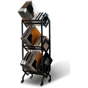 Vinyl Record Holder, 3 Tier Mobile Vinyl Record Storage Shelf for 260-280 LP Storage, Matte Black Metal Vinyl Record Stand for Albums, Magazine Display, Book and Files Organizer