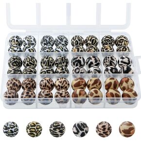 48Pcs 15mm Print Silicone Beads for Keychain Making, Pattern Silicone Beads for Pens Necklace Bracelets Craft（Multicolor Leopard）