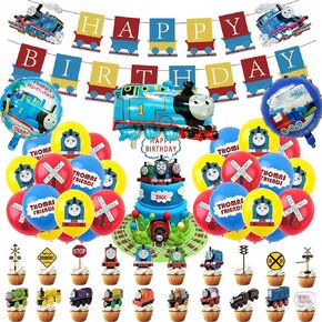 T-homas Train Birthday Party Supplies, T-homas Train Party Including Cake Caps, Cupcake Caps, Flags, Latex Balloons, It is Very Suitable for Boy's and Girl Themed Birthday Party Supplies
