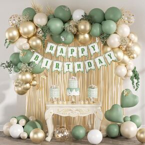 Sage Green Birthday Decorations with Sage Green Nude Gold White Balloons Happy Birthday Banner Gold Fringe Curtains for Happy Birthday Decorations for Women Adults